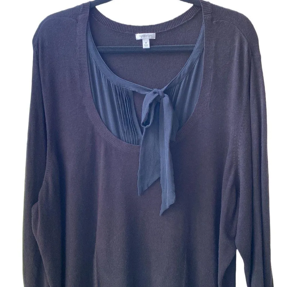 🖤 Semantiks Nordstrom Long Black Sweater/Tunic/Top, Silk Neck Tie, Plus - Image 3