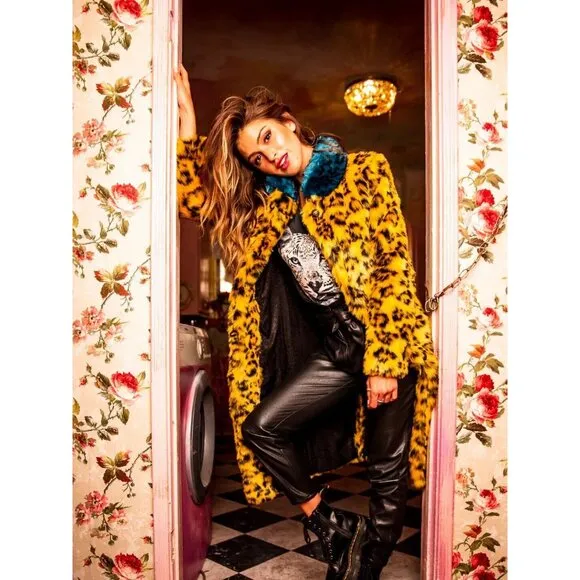 NWT SpiritHoods Unisex Yellow Cheetah Calf Length Faux Fur Coat S $249 - Image 2