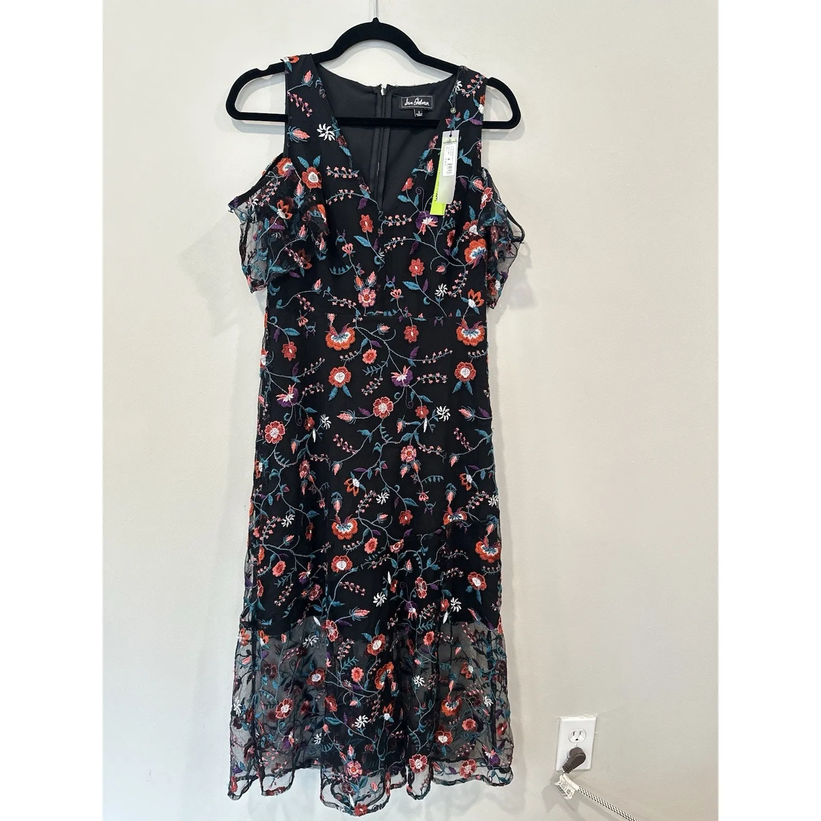 SAM EDELMAN Black A-line Floral Embroidered Mesh Midi Dress SIZE 4 NWT 2029 - Image 4