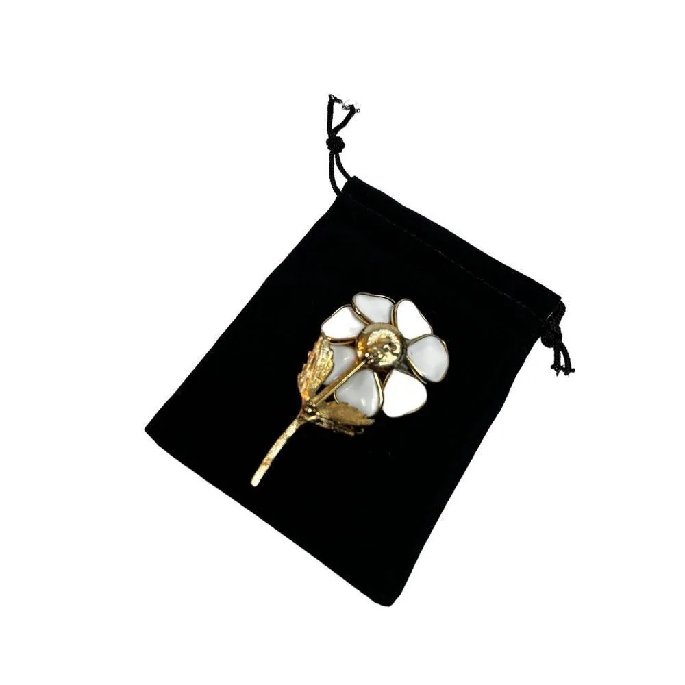 White Poured Glass Flower Brooch On Stem Accented With Leaves Circa 1950 Collect Gold - Image 2