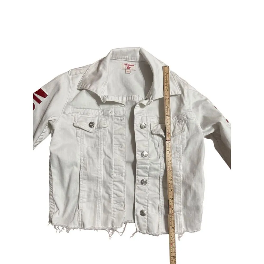 True Religion Fashion trucker with Red Logo on Sleeves Sz XS White Jean Jacket - Image 6