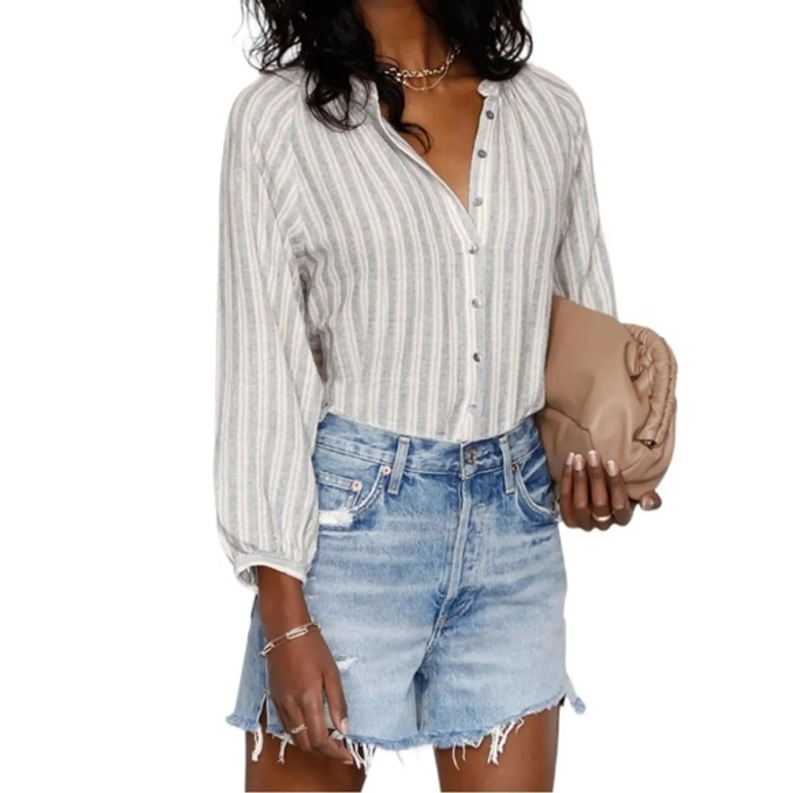 Heartloom Shirt Women Small Tan Gray Striped Jardin Top Button Up Neutral Earthy - Image 7