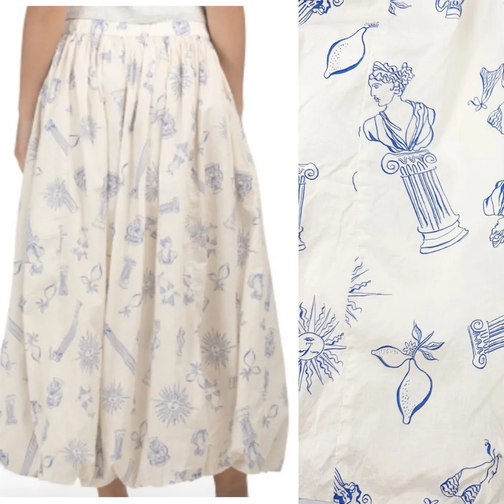 Lucky Brand Bubble Cotton Poplin Maxi Skirt Greece Travel Vacation Print Ecru - Image 5