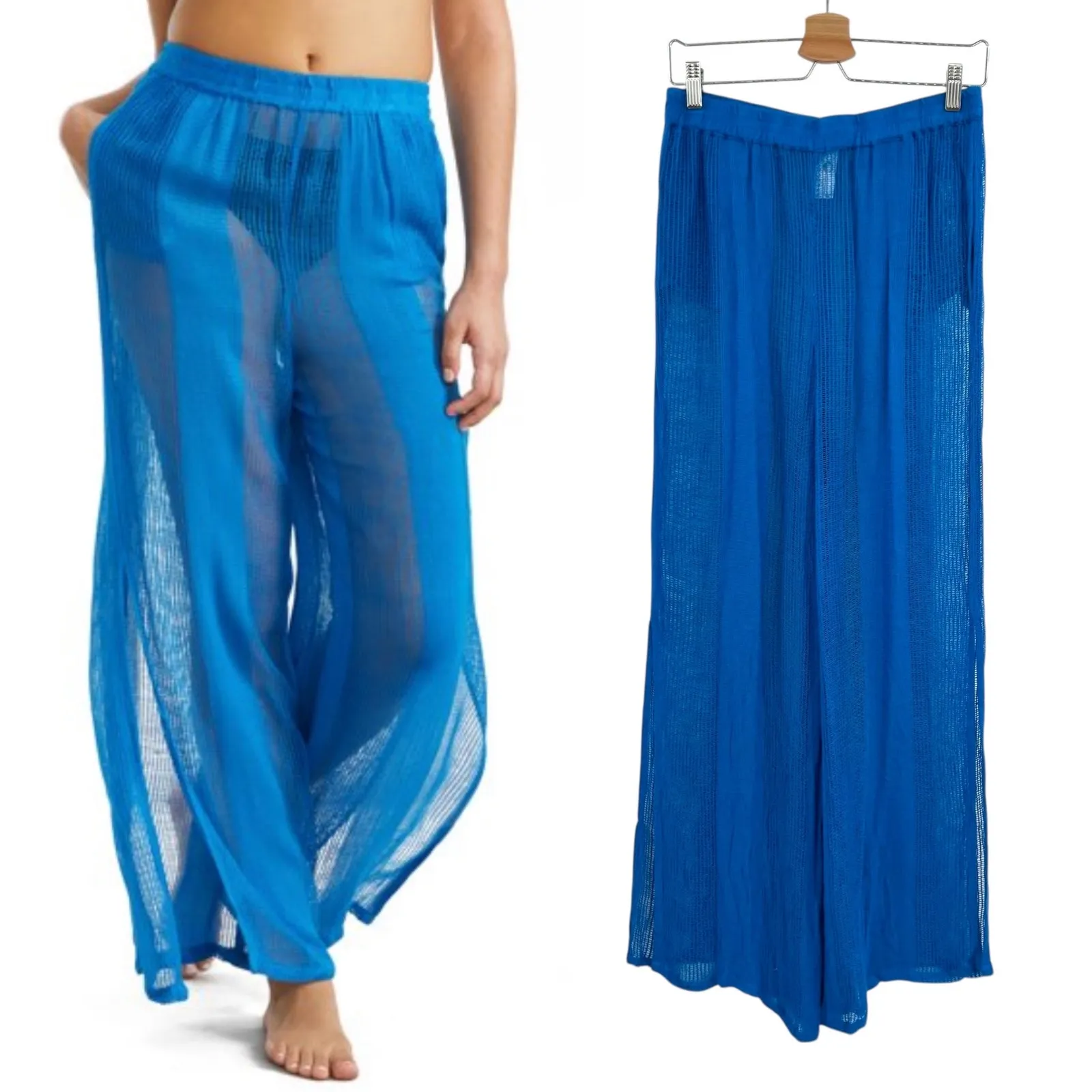 Sunsets Breezy Beach Pants Sheer Crochet Electric Blue Size Small Medium - Image 2