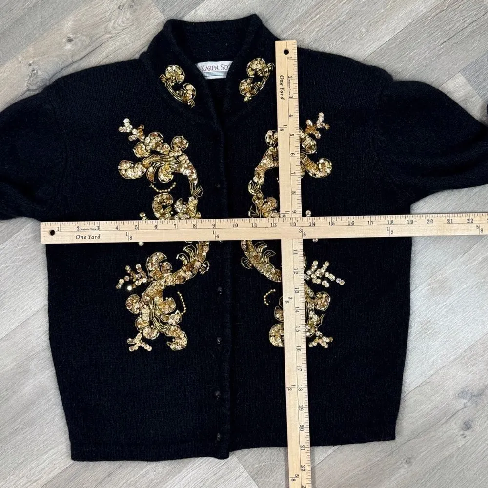 Vintage Karen Scott Sequin Fuzzy Angora Wool Cardigan Sweater Black Gold Medium - Image 10