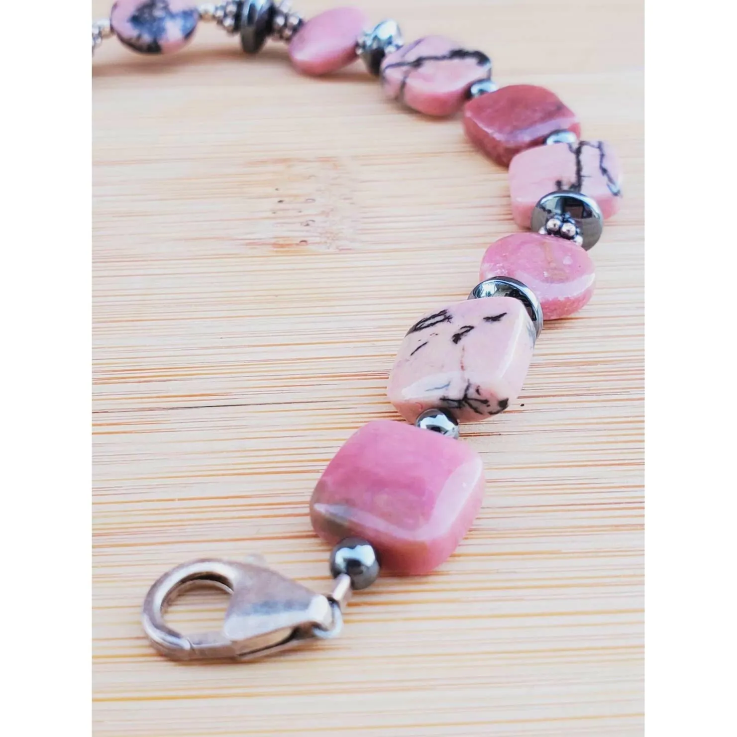 Sterling Silver Pink Marble Hematite Bead Bracelet XL Adjustable - Image 4
