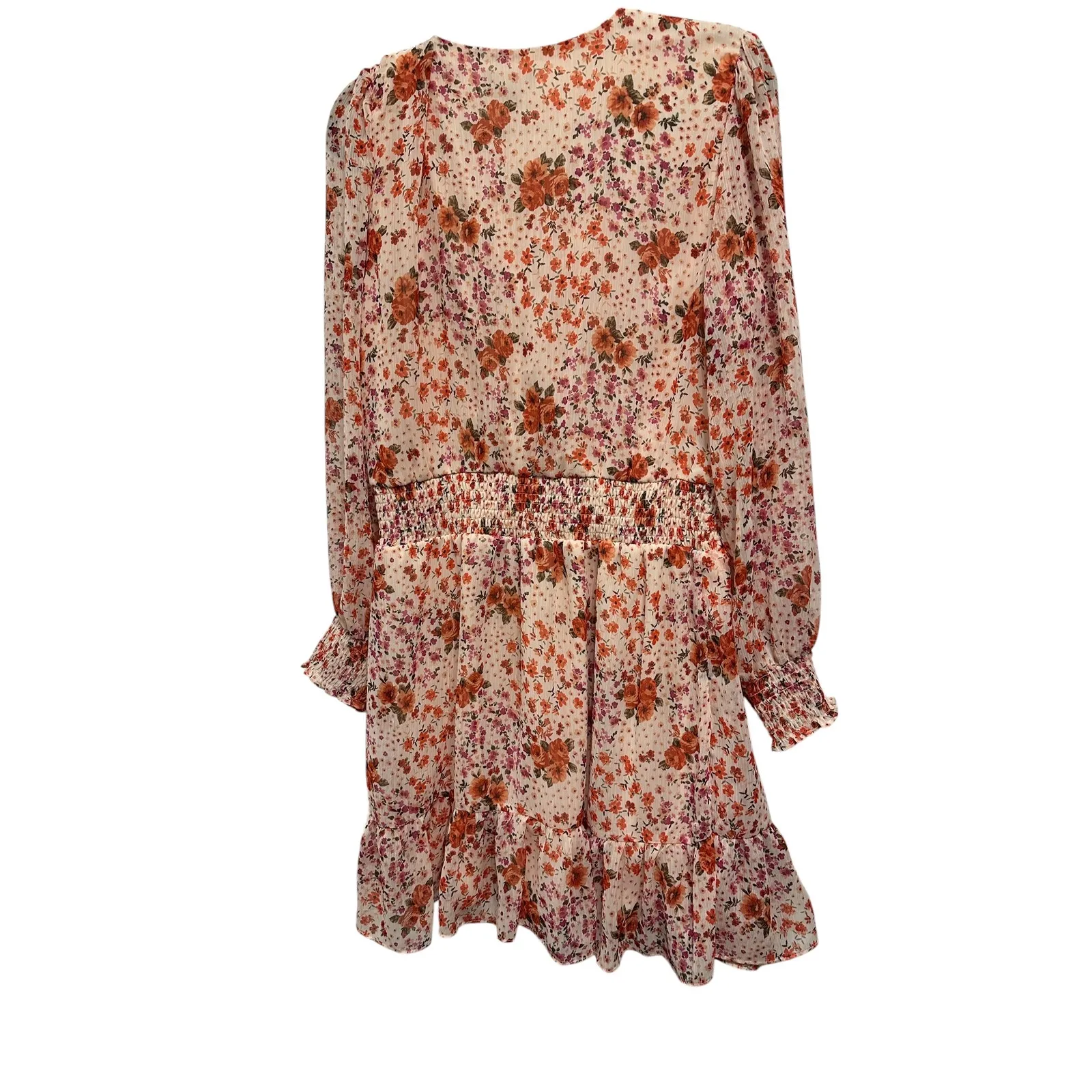 MSK‎ Floral Print Long Sleeve Mini Dress Smocked Waist Ruffle Hem L Orange Size L - Image 6