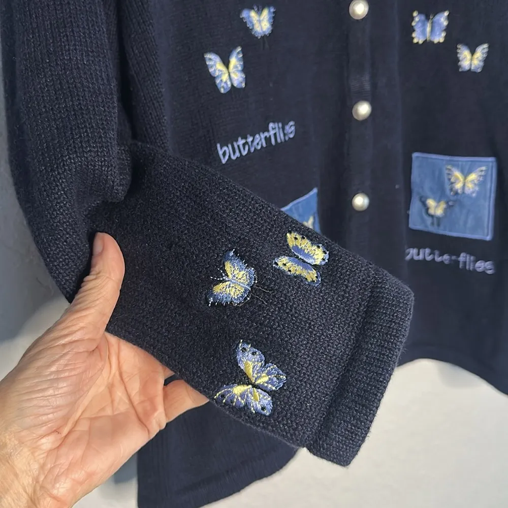 Vintage CJ Banks Butterfly Embroidered Cardigan Sweater Navy Blue Y2K Teacher - Image 3