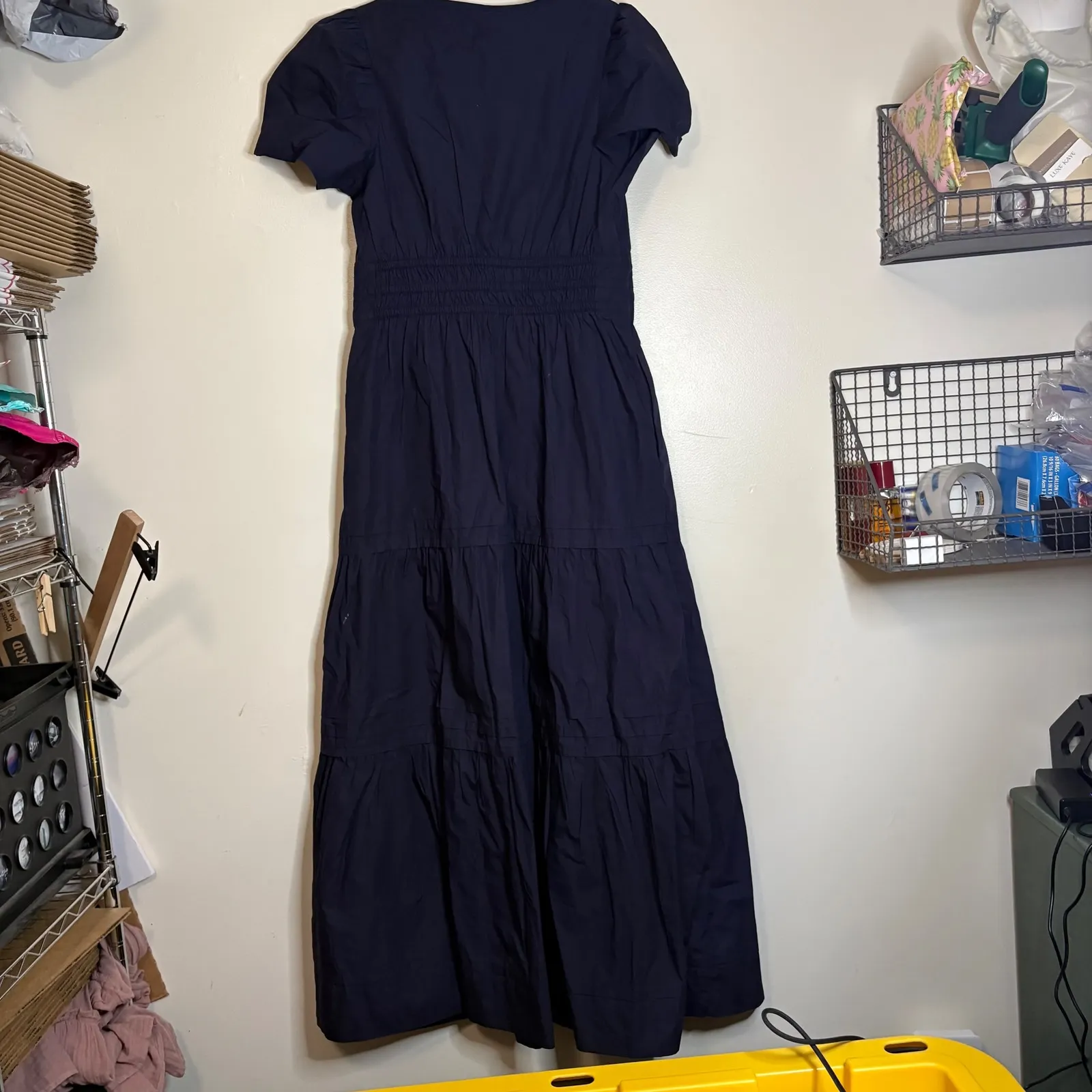 Quince Navy Blue Tiered Midi Dress Puff Sleeve Smocked Waist Casual Size S - Image 7
