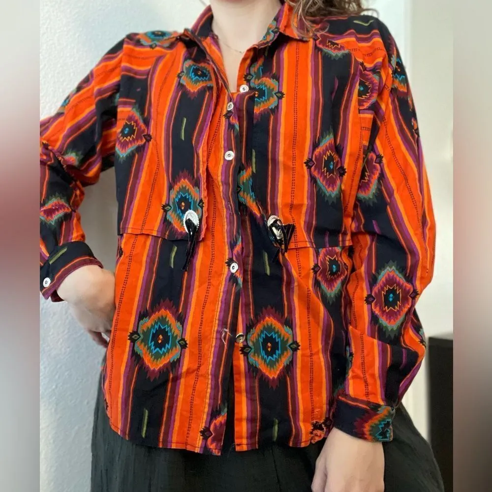Vintage 70s Circle T Southwestern Aztec Button Down Shirt‎ Sz Medium Orange Black - Image 4