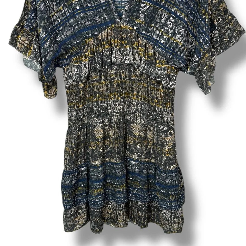 IRO Dress 36 Tulsa Printed Silk Tiered‎ Mini Snake Print Smocked Ruffle Green - Image 5