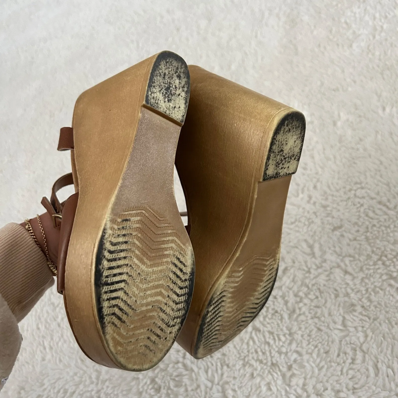Steve Madden Womens Camel Leather Ankle Wrap Wedge Heel Sandals Sz 6 Preppy - Image 5