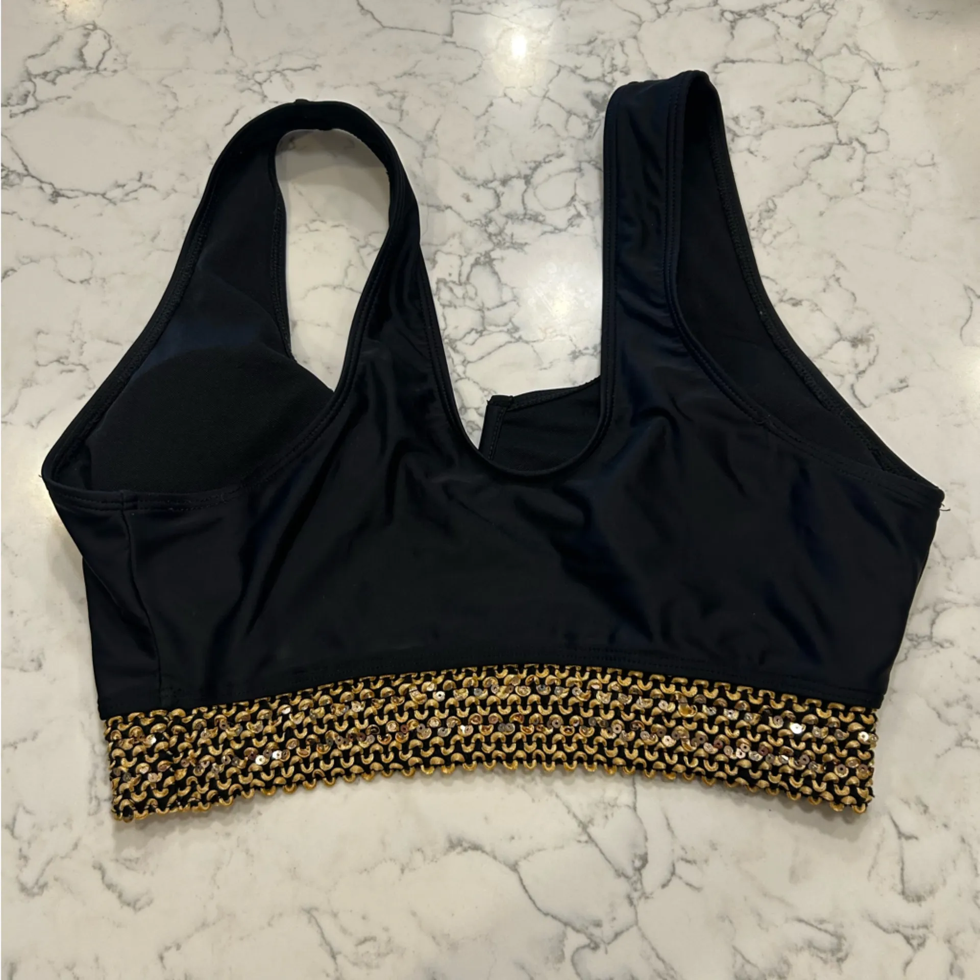 Black Bikini Two Piece Swimsuit w/ Gold Sequin Trim Size 0XL - Image 2
