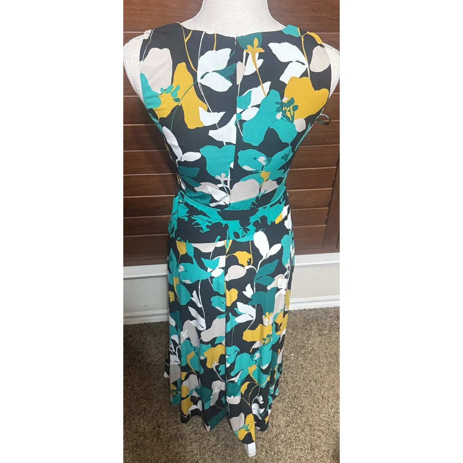 Calvin Klein Green Dress Career Floral Sleeveless Stretch Midi Tie belt sz XS - Image 4