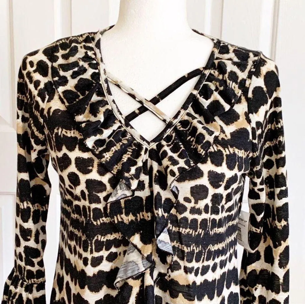 French Laundry Top Animal Print 3/4 Sleeve Ruffle V-Neck Top Size Medium NWT - Image 6