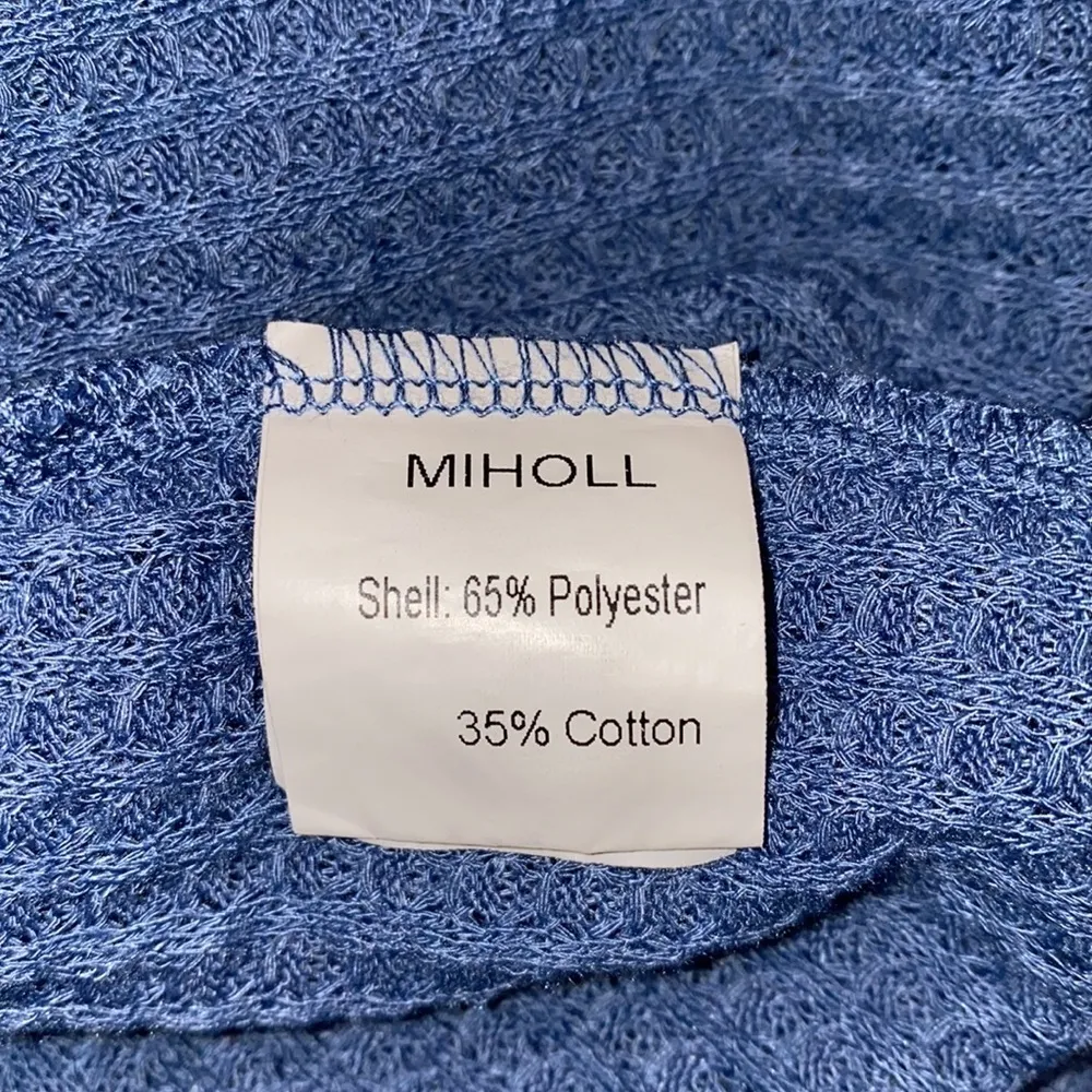 MIHOLL XXL short sleeve blue waffle knit v neck button down tie front loose knot - Image 9