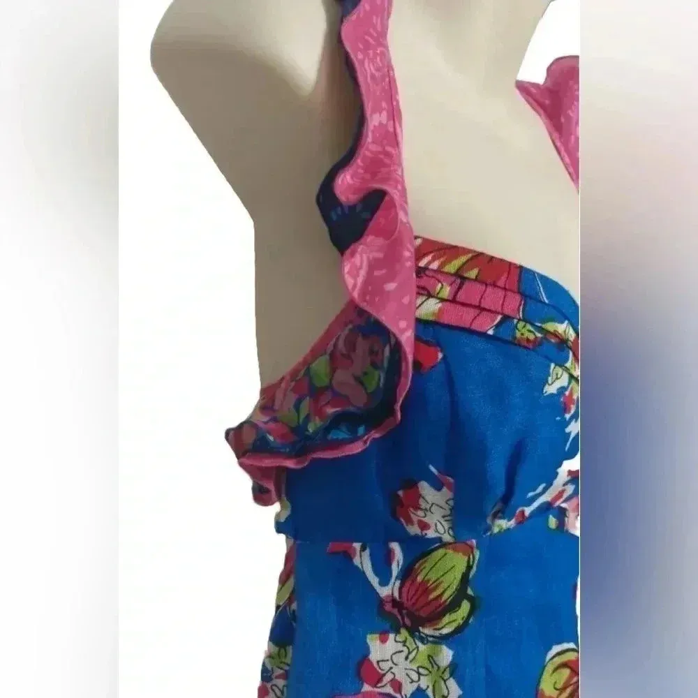 Nanette Lepore Blue Floral Butterfly Silk & Linen Halter Cocktail Dress Size 4 - Image 5