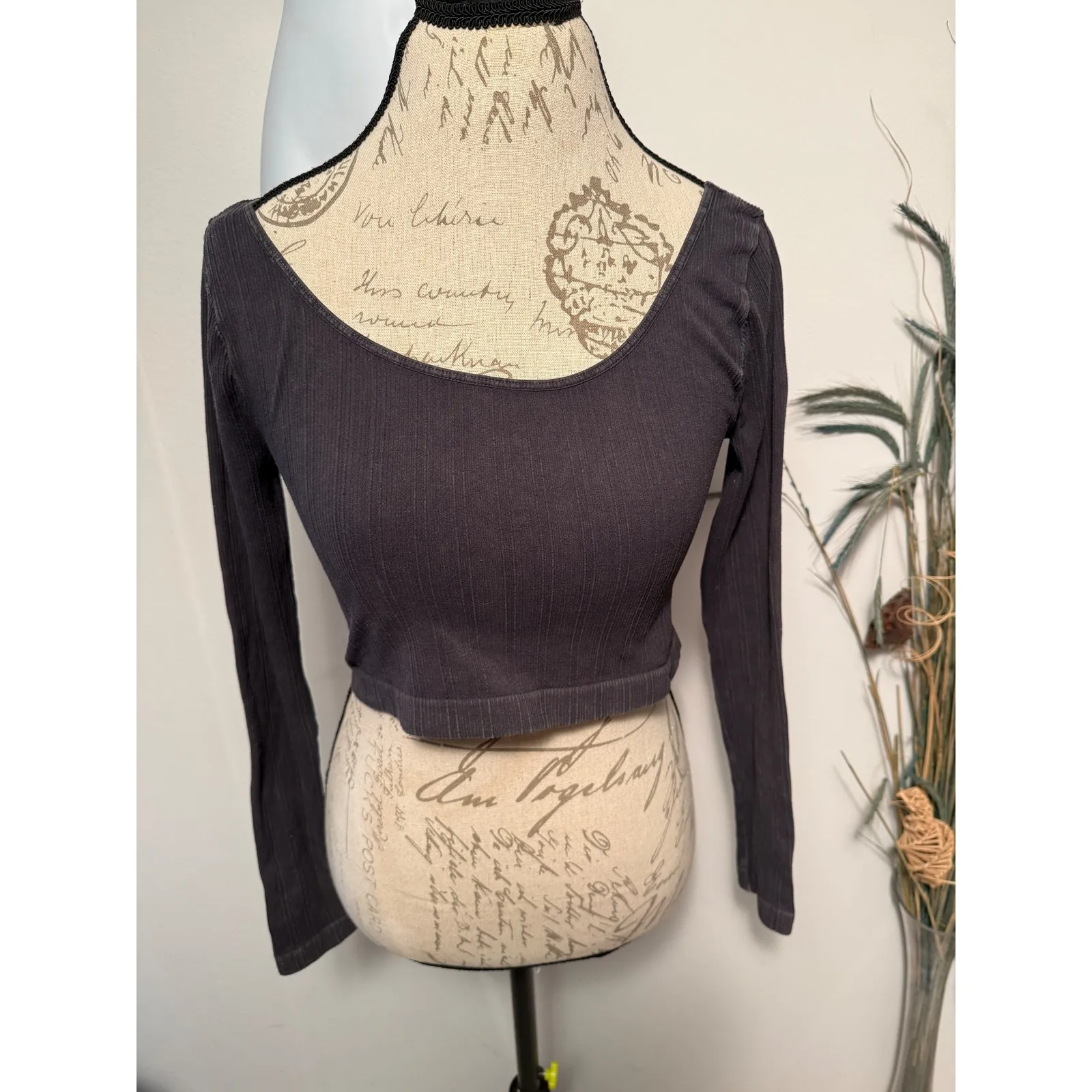 Free People Intimately Ribbed Long Sleeve Crop Top Charcoal Gray M L - Image 2