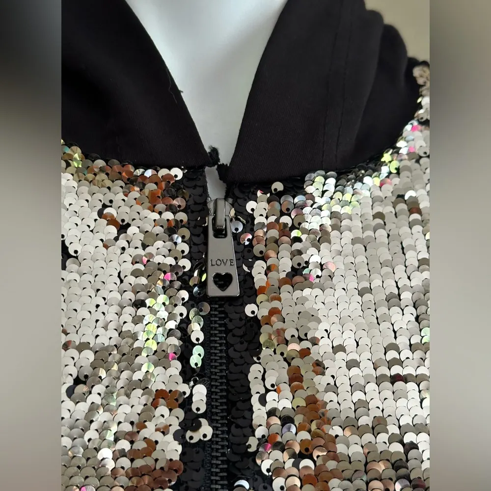 Love Black Sequence Hoodie Casual Dress SZ No Tag Front Zip Long sleeves Pockets - Image 7