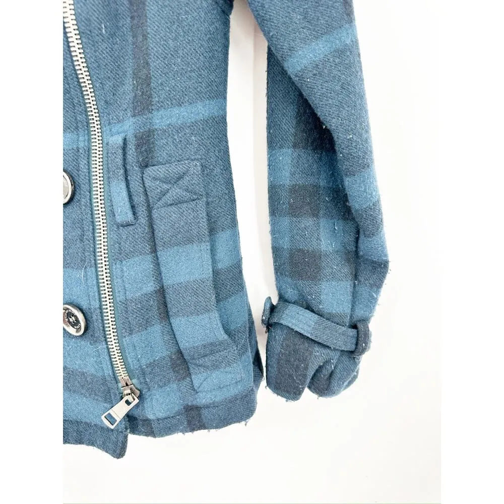 Burberry Brit Blue Full Nova Check Plaid Wool Pea Coat Jacket Women’s Size 2 - Image 6