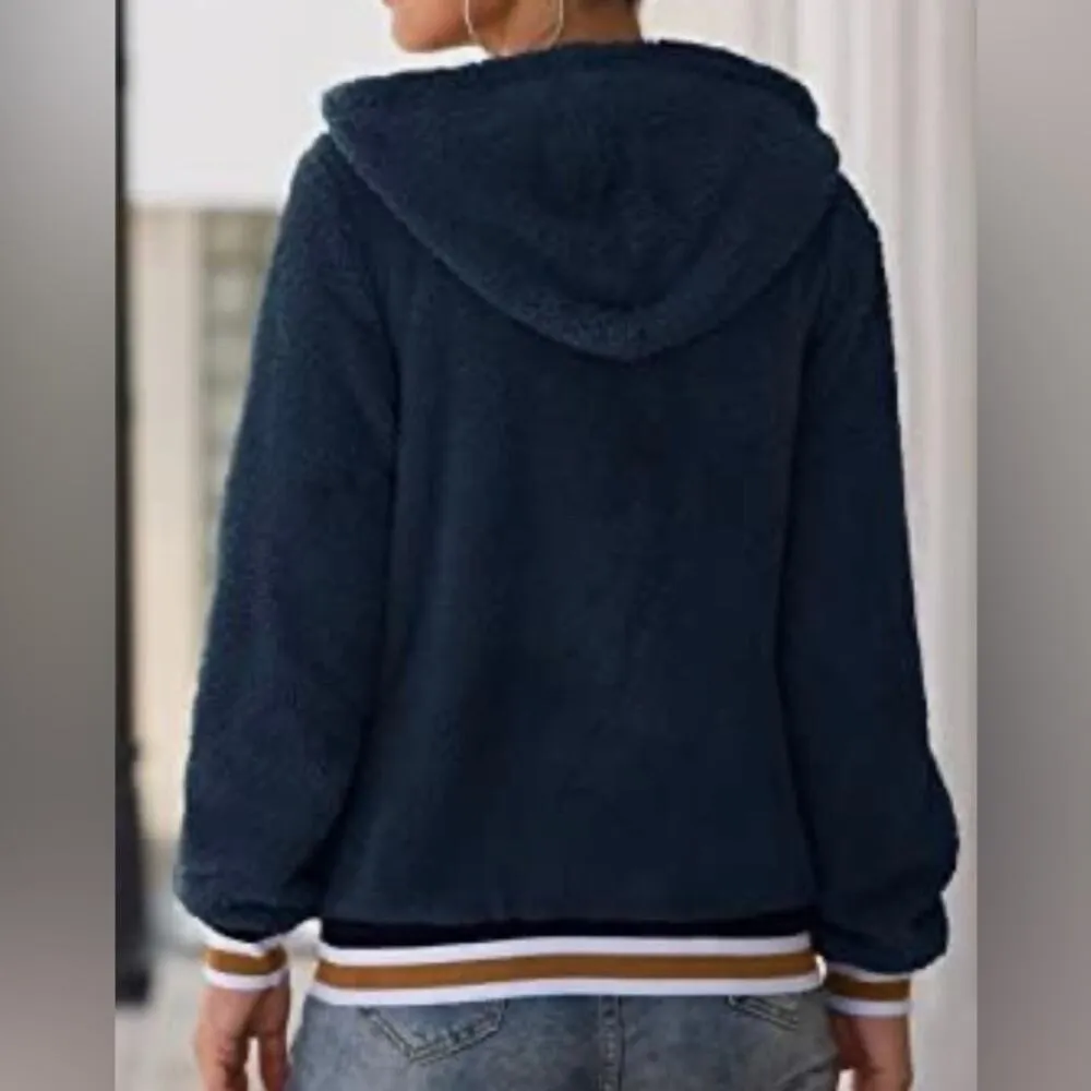 Women's Winter Fashion Warm Teddy Striped Zip Up Hooded Coat Sweatshirt Large Blue - Image 2