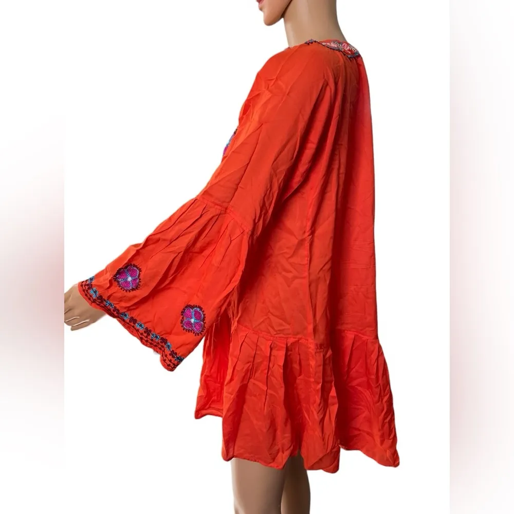 Lakhays Orange Indie Boho Hippie Embroidered Floral Bell Sleeve Tunic Dress Top - Image 4