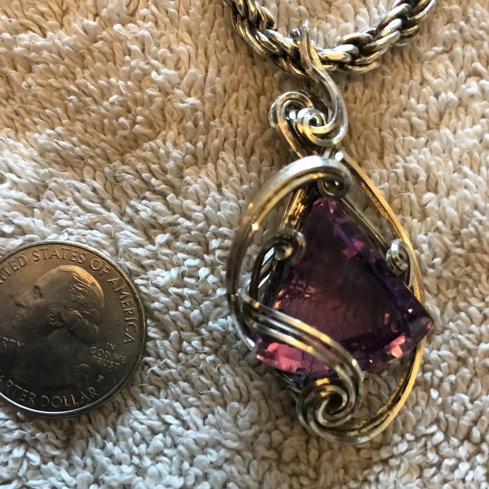 Artisan Wire Wrapped Sterling Silver Amethyst Medallion Pendant Custom Made Purple - Image 10