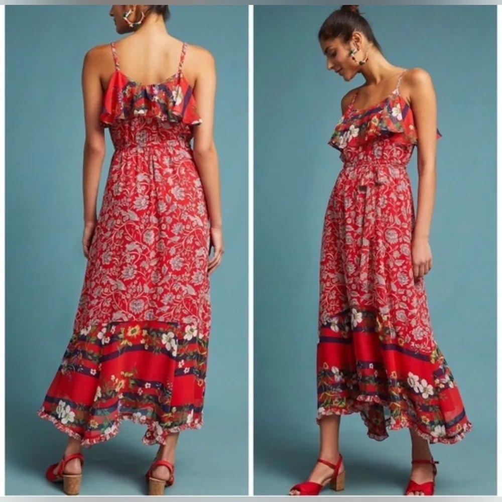 Anthropologi Boho Chic Floral Print Maxi Dress Red Black Spaghetti Strap XS - Image 2