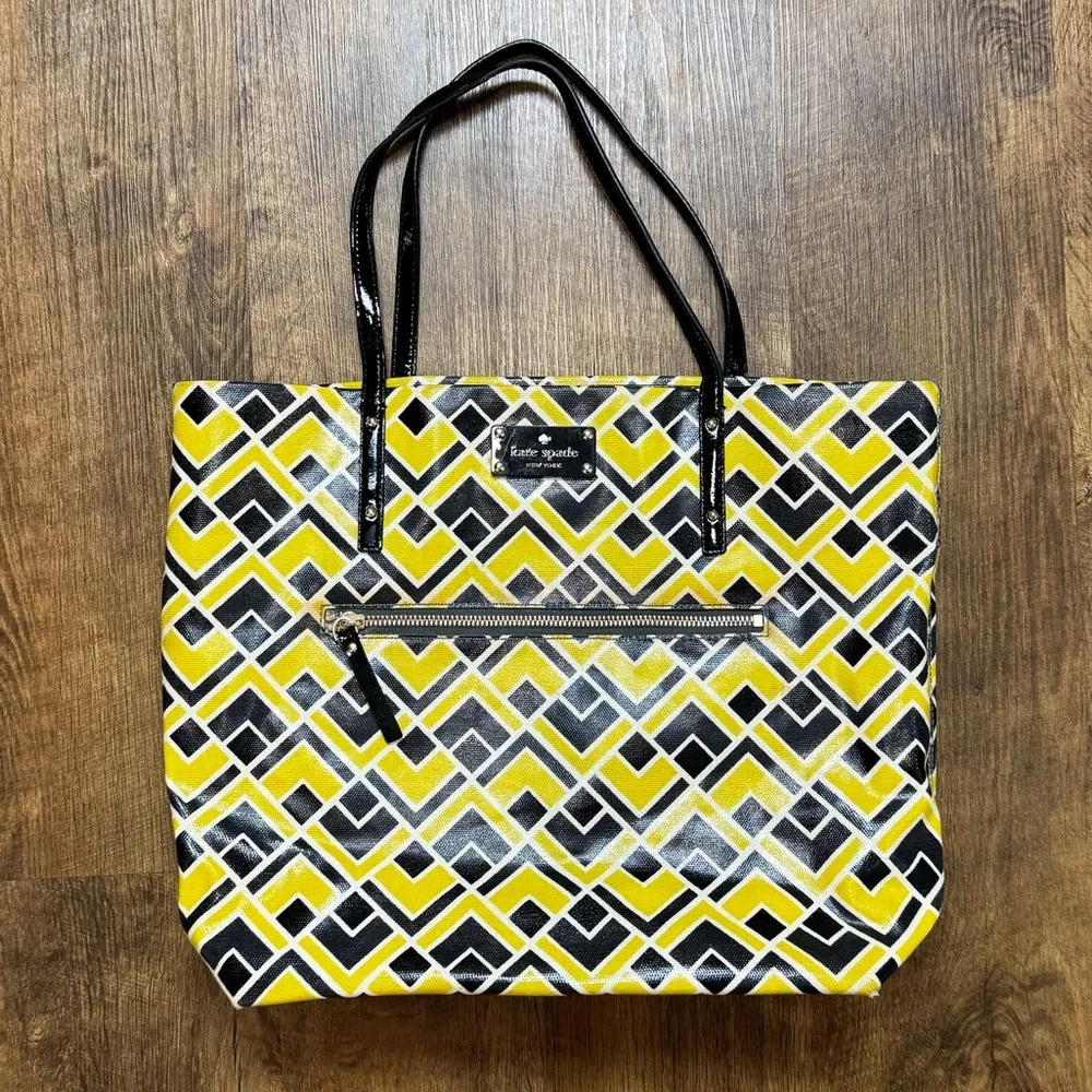 Kate Spade Bon Shopper Tote Flicker Fabric Yellow Black Print Shoulder Bag - Image 2