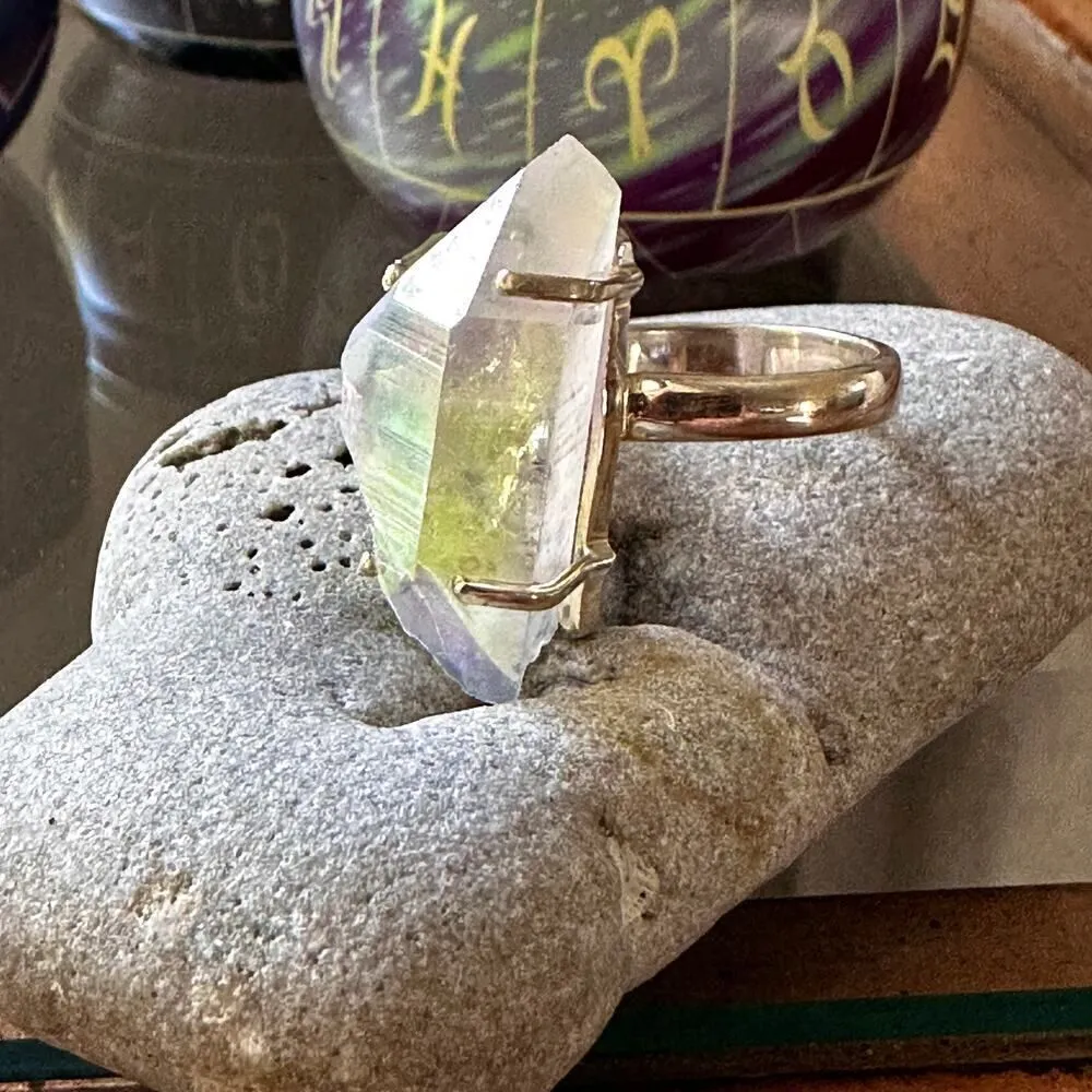 Angel Opal Aura Quartz 925 Sterling Silver Ring Size 8 - Image 4