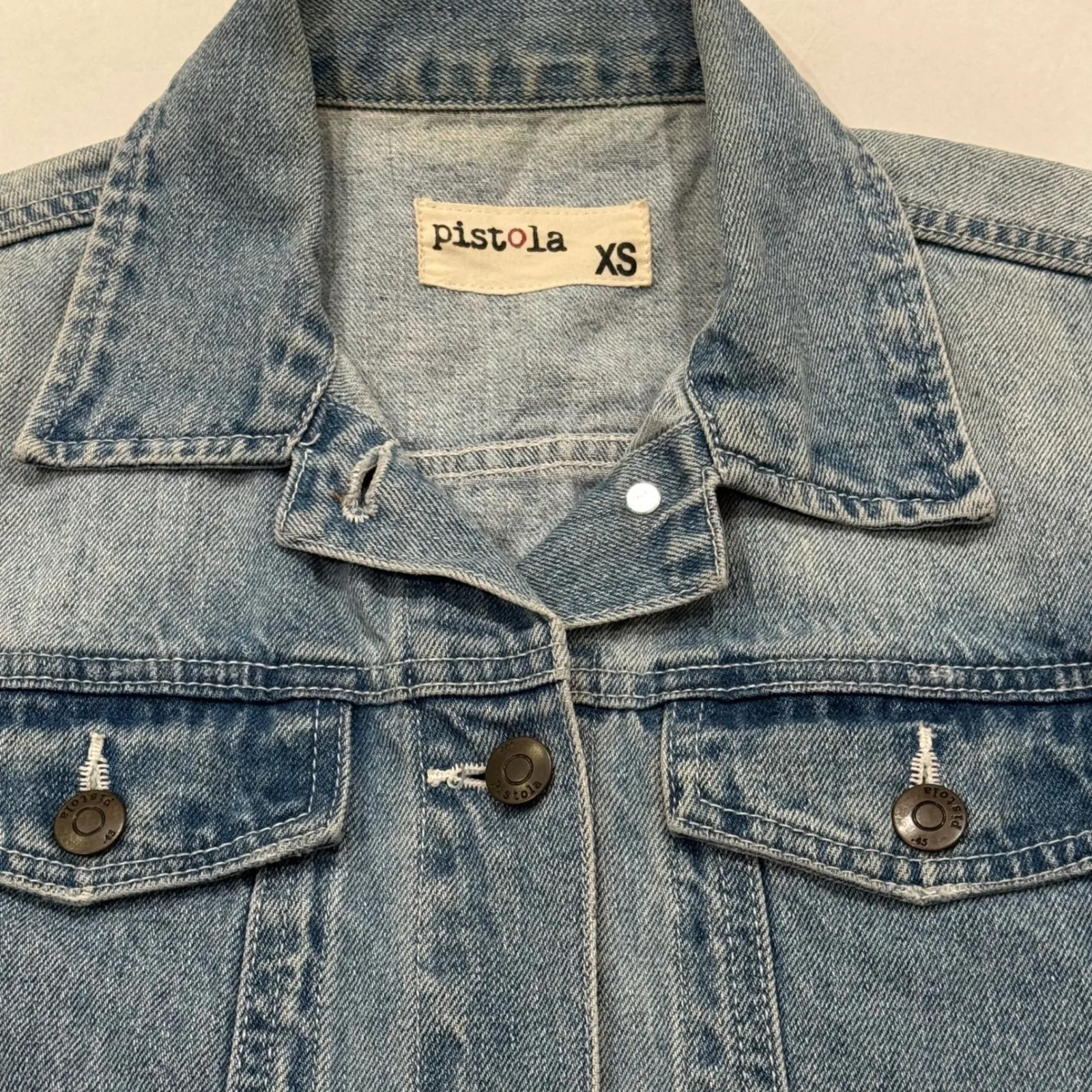 Pistola Light Wash Denim Jacket Baby Dont Cry Embroidered Distressed Blue XS - Image 3