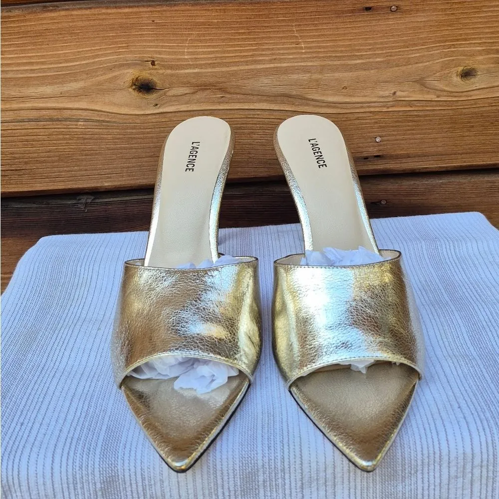 L'AGENCE Lolita Gold Metallic Leather Sandals Shoes - Image 2