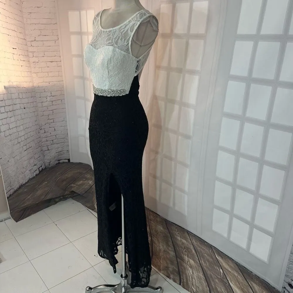 City Studio White Black Sparkle Lace Embellished Waist Formal Gown Size 0 - Image 4