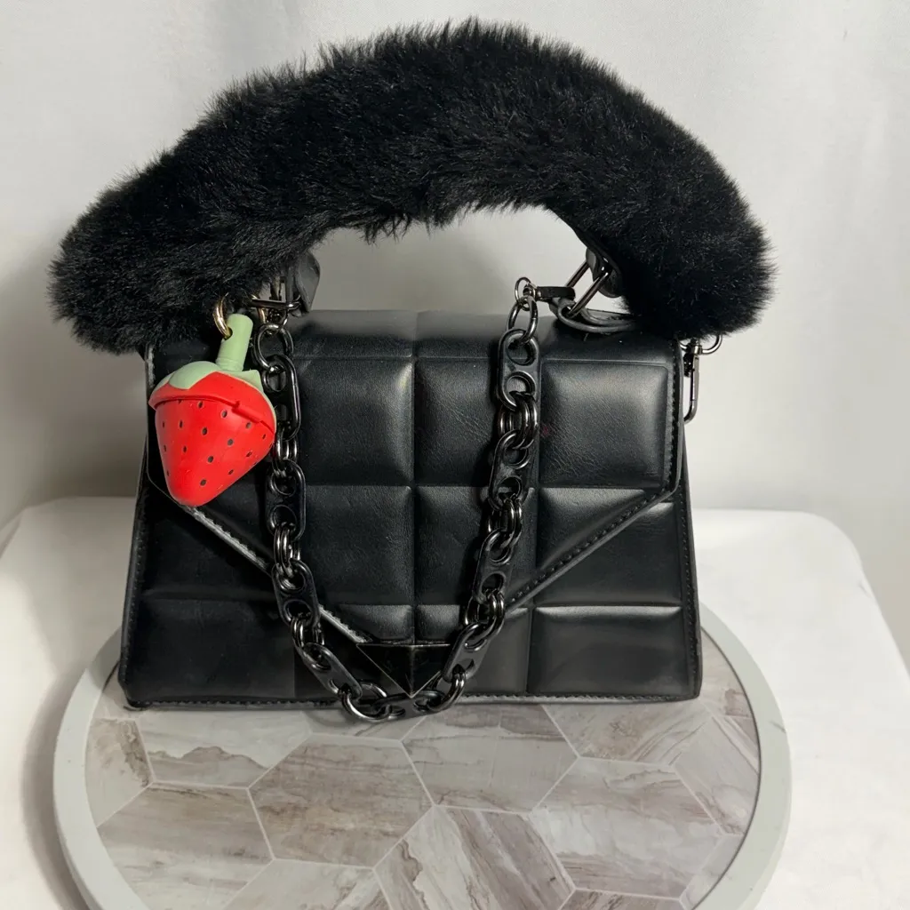 Black Quilted Faux Leather Handbag With Chain Strap And Strawberry Charm - Image 2