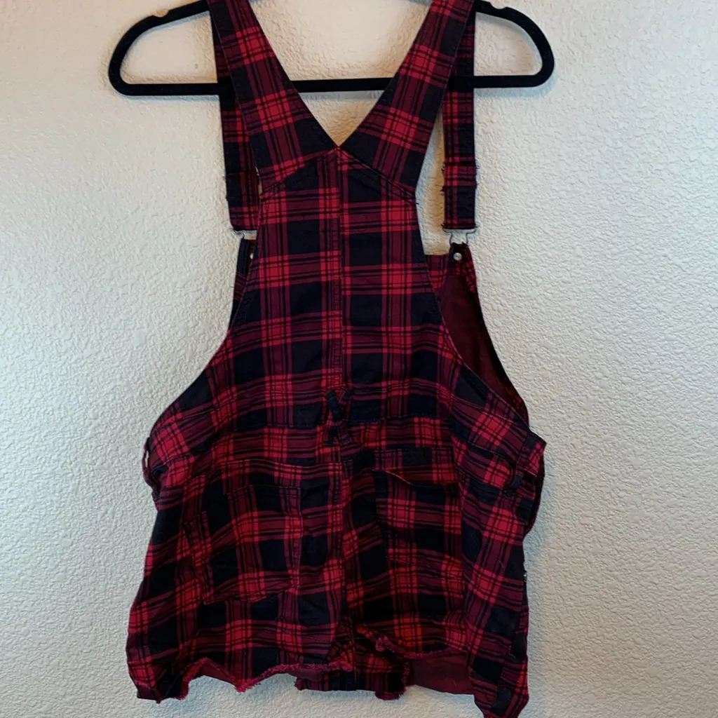 HT Denim Shortall sz XL buffalo plaid overall shorts festival summer casual goth Red - Image 8