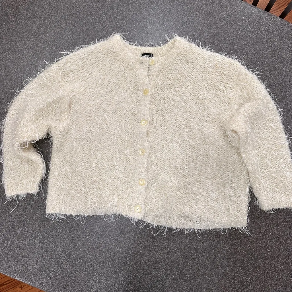 Jacque & KoKo Funky Furry Cropped Ivory Mohair Cardigan Sweater White Size 18 - Image 3