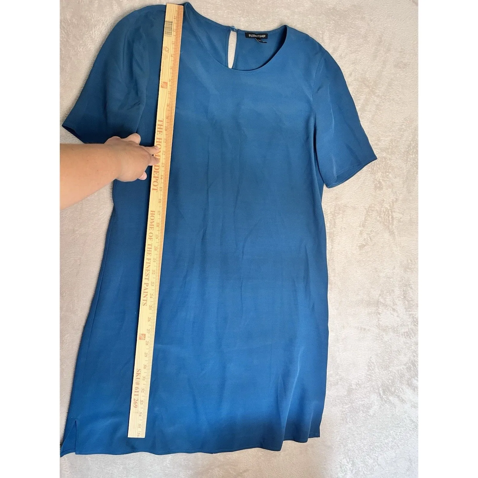 Eileen Fisher Tencel Viscose Crepe Shift Dress Short Sleeve Small Blue - Image 5