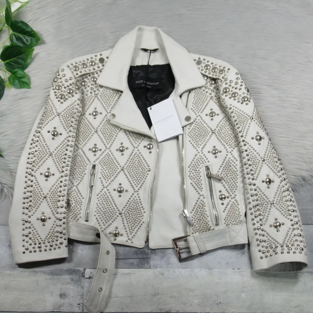 NOUR HAMMOUR White Studded Lambskin Leather Moto Jacket Women's 42 US Size 10 - Image 5