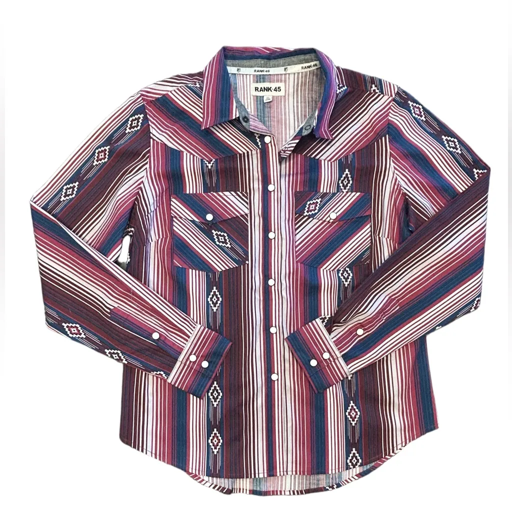 RANK 45 SOUTHWESTERN STRIPE PRINT HERITAGE SNAP STRETCH WESTERN RIDING SHIRT M Size M - Image 5