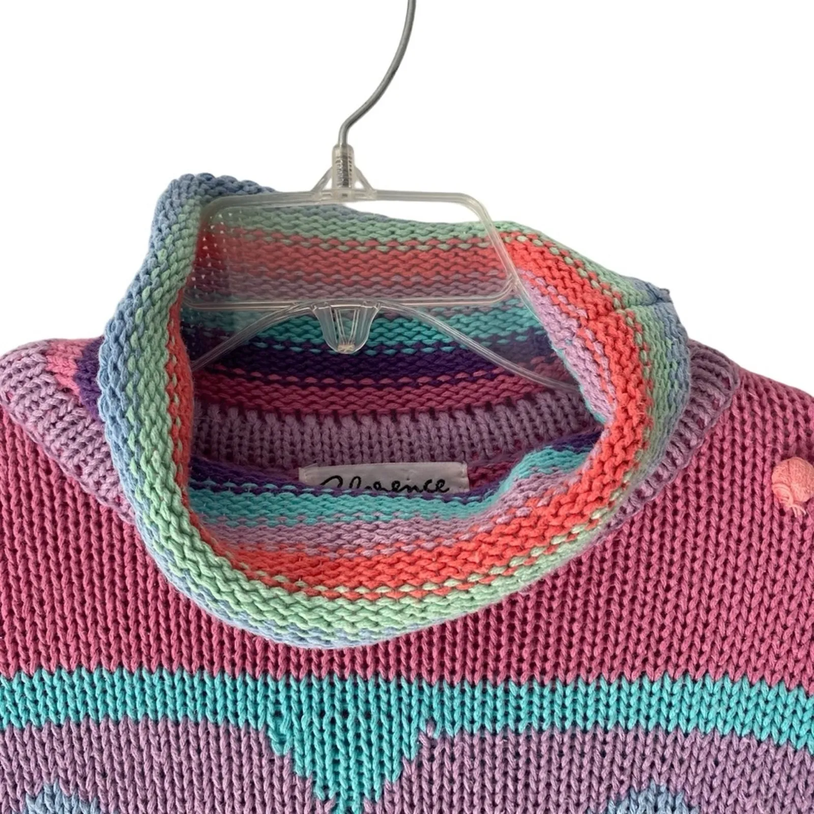 Reference Point Vintage Mock Neck Stripe Heart Pom Pom Sweater size large cotton - Image 2