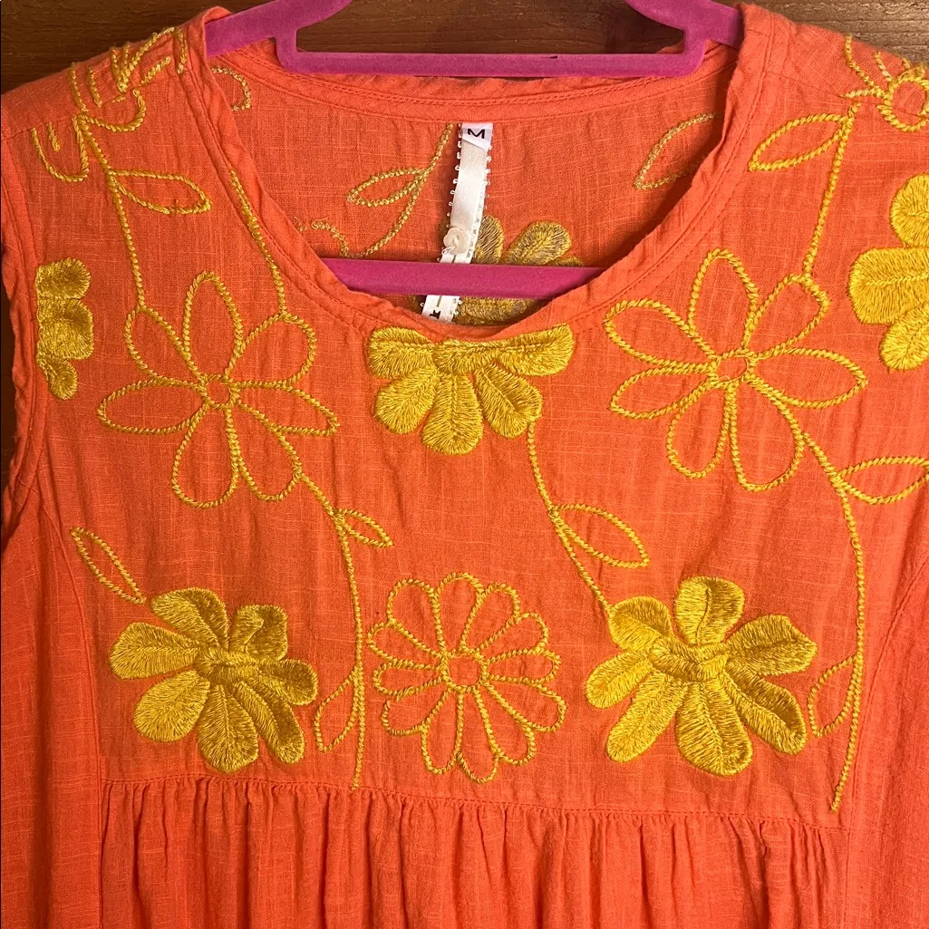 Uncle Frank Anthropologie Orange Coral Floral Embroidered Babydoll Dress M/L - Image 4
