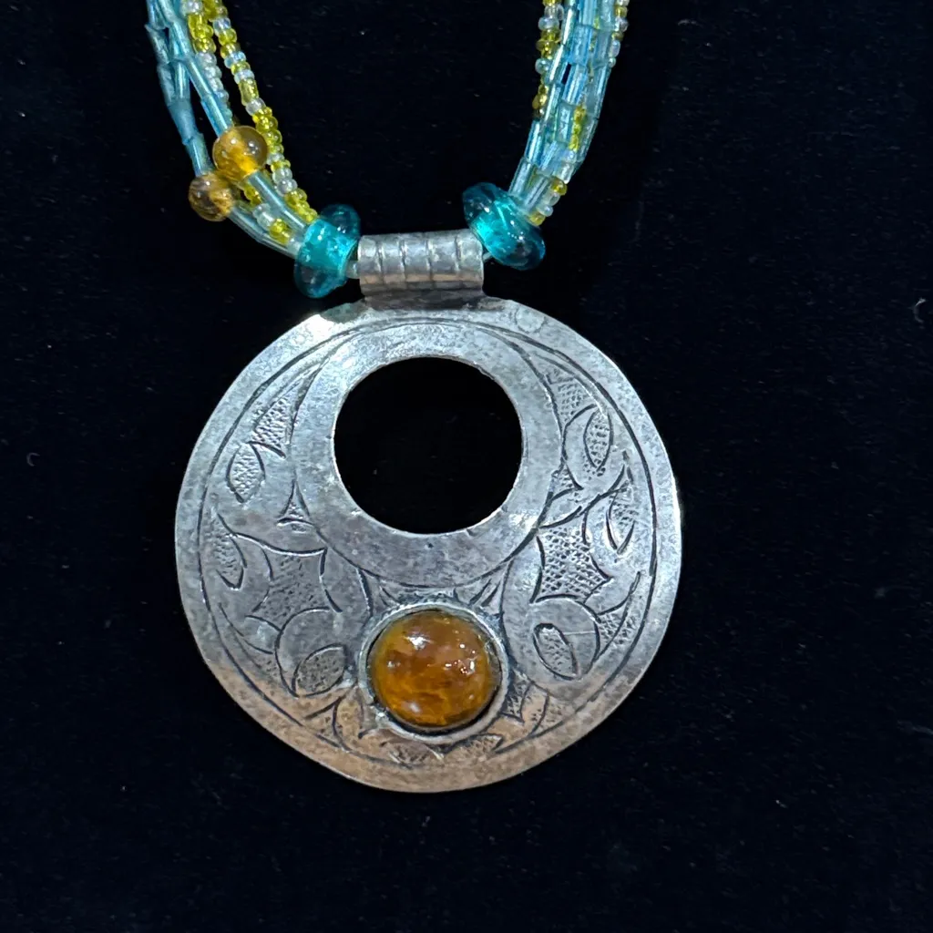 Vintage Blue, Amber, and Yellow seed bead 6 strand medallion southwest necklace Blue - Image 2