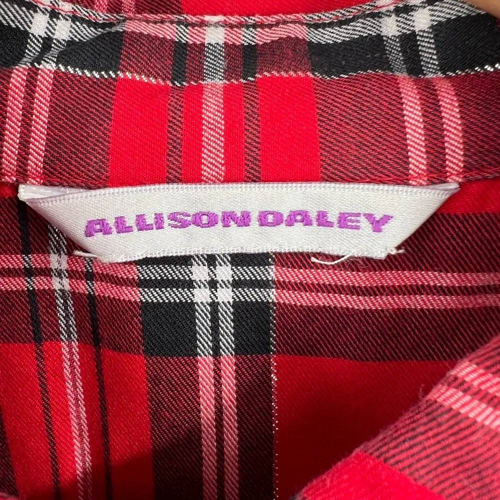Allison Daley Button Down Shirt Red Plaid Metallic Detail Roll Tab Estimated Lg - Image 4