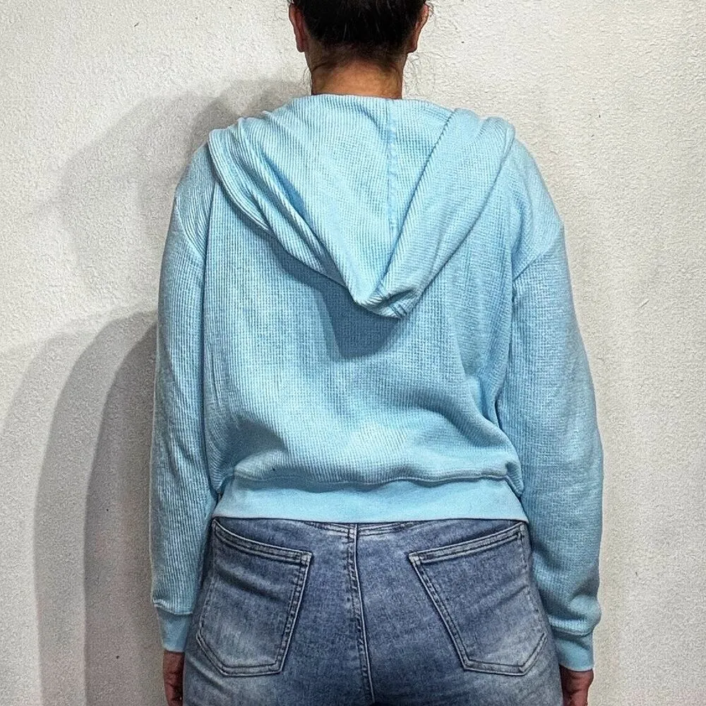 Auden Baby Blue Waffle Knit Front Zip Hooded Sweater Sz M Size M - Image 10