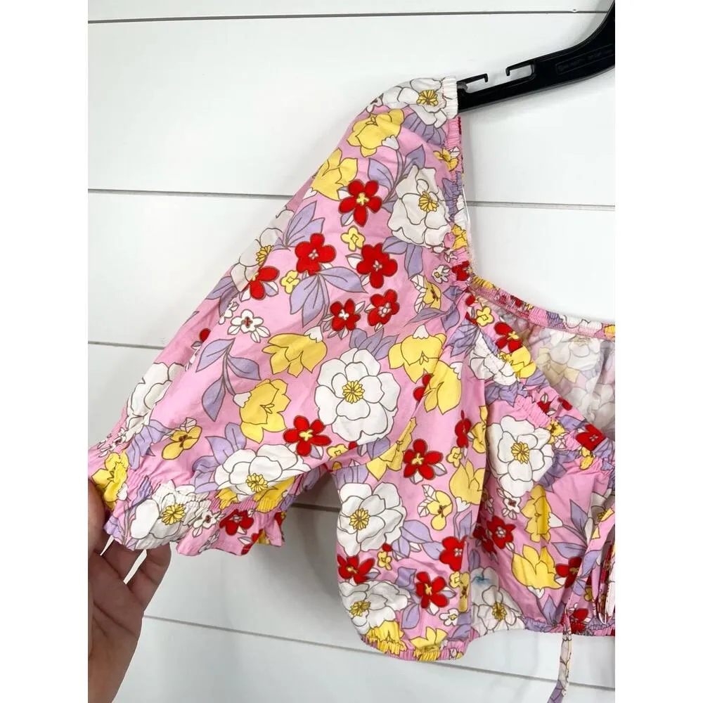 Vero Moda Pink Floral Print Puff Sleeve Tie Front Crop Blouse Size XL - Image 5