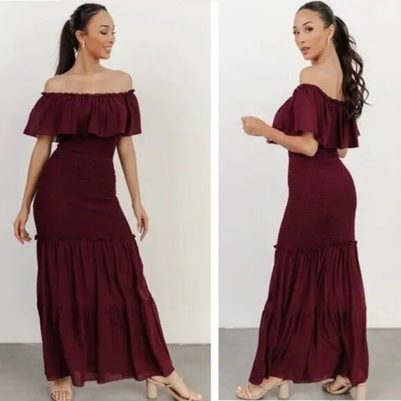 [Baltic Born] Maroon Amalfi Smocked Off The Shoulder Ruffle Maxi Dress Sz Medium - Image 2