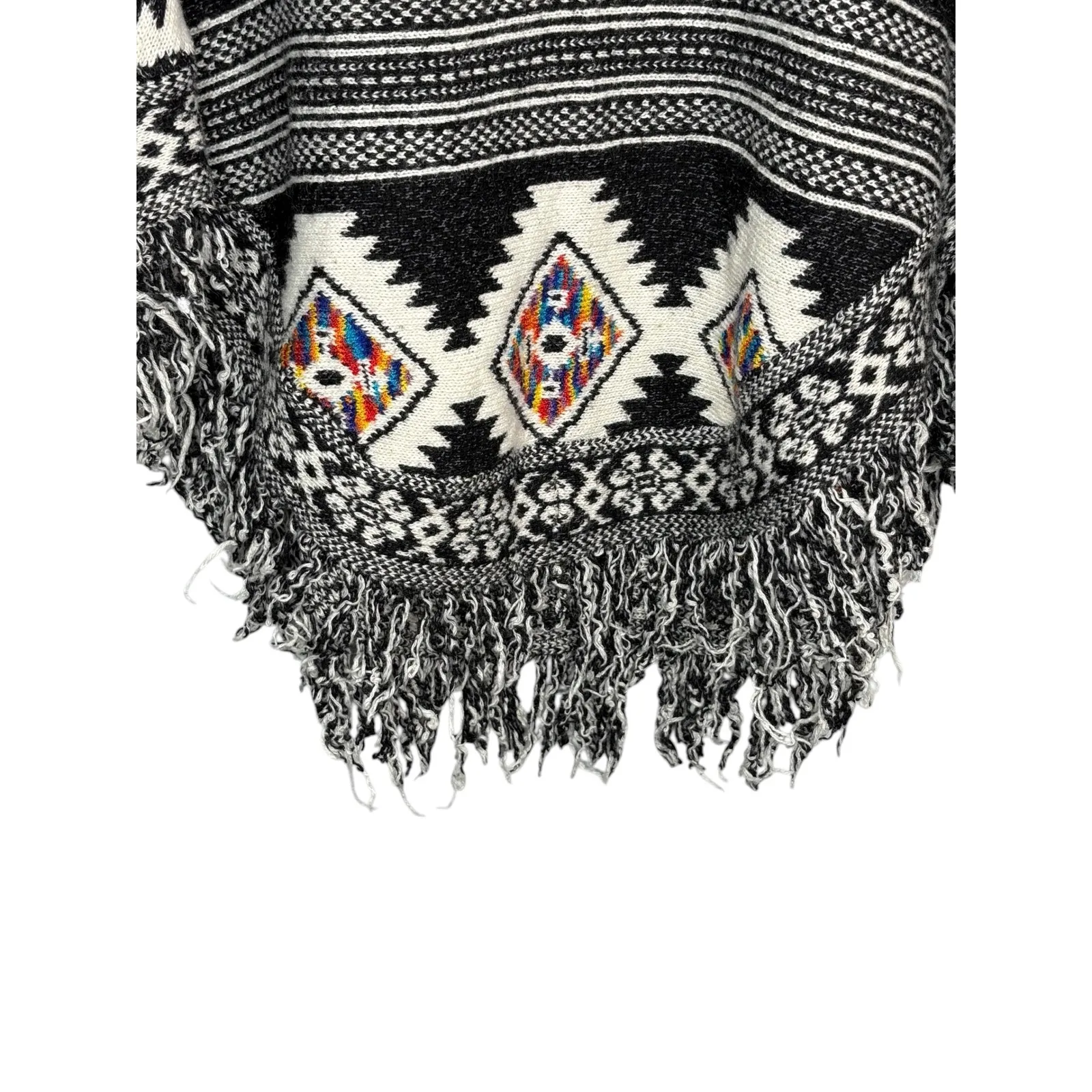 ZA Aztec Tribal Fringe Poncho Sweater Knit Black White Rainbow Boho One Size Size undefined - Image 6