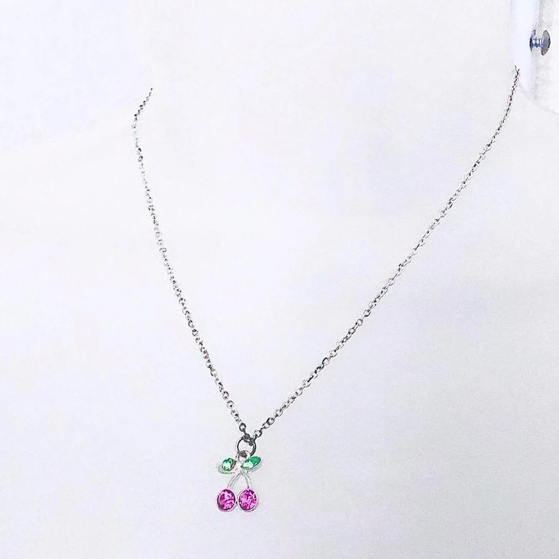 2000s Y2K Silver tone cherry necklace pink crystal details #fairycore #cottagecore - Image 2