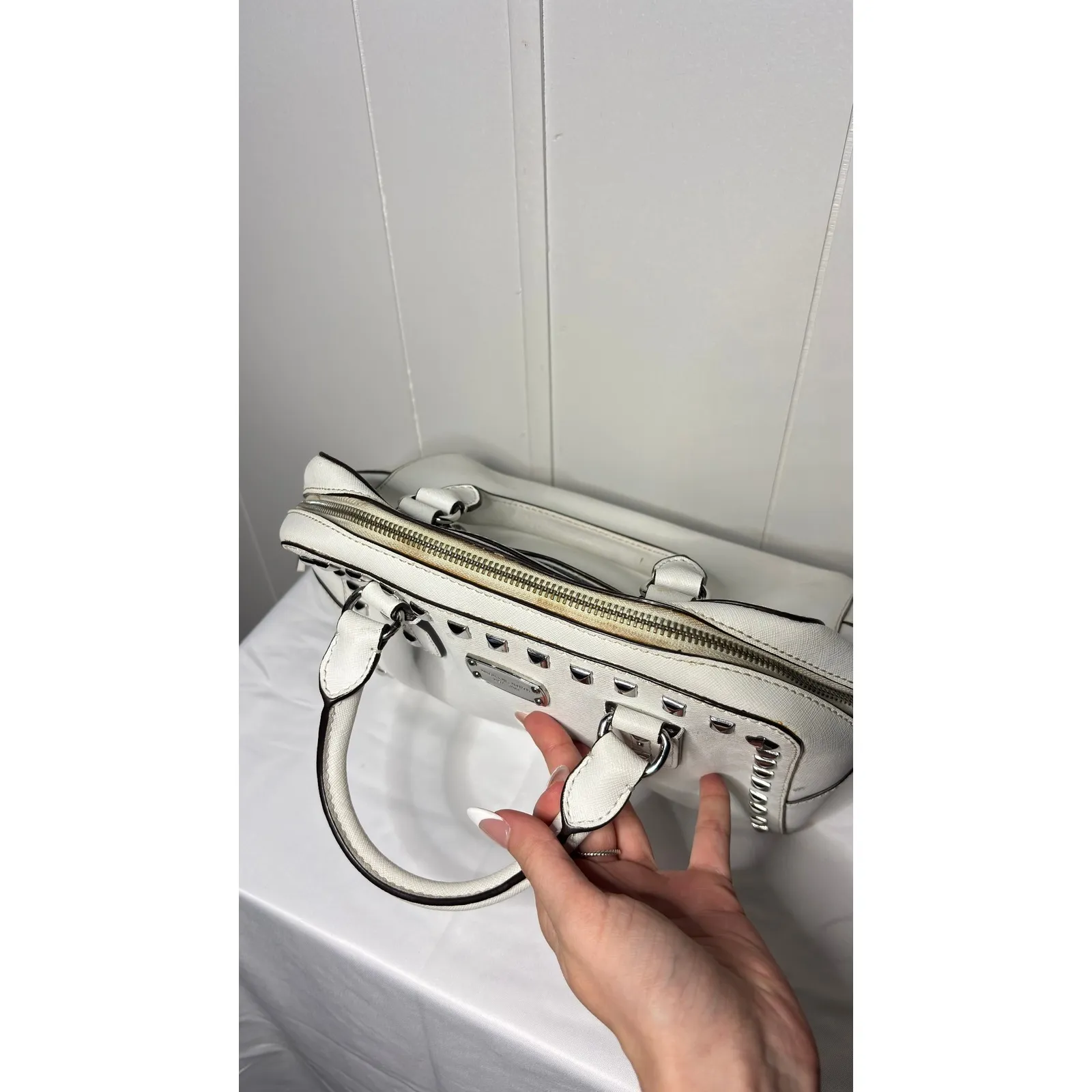 $398 Michael Kors Saffiano White Studded Satchel Handbag - Image 6