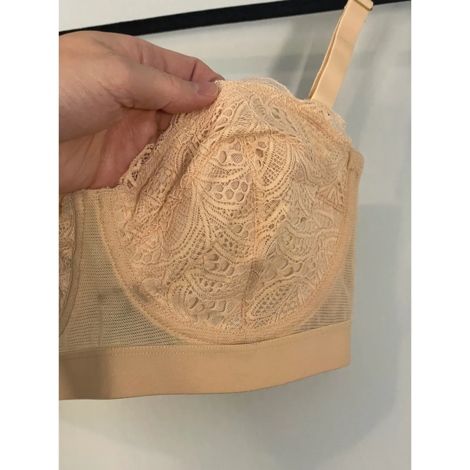 Sheer Lace Longline Bralette Beige Unlined Underwire Cups Adjustable 32DDD Straps Tan Size undefined - Image 6